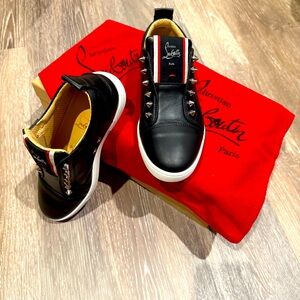 Christian Louboutin Black Leather Spike-Stud Slip-On Sneakers with White Soles